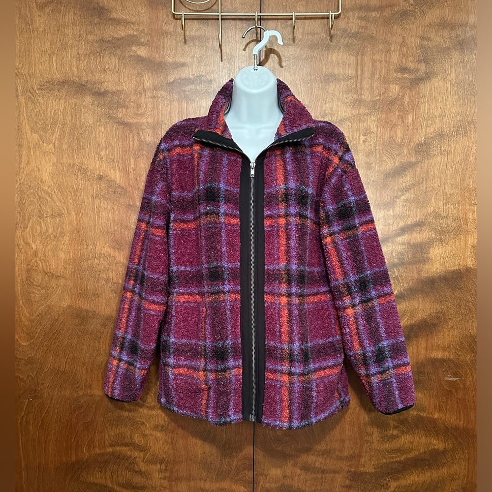 Loft Outlet Long Sleeve Zip Front Sherpa Jacket Womens S Purple & Black Plaid
